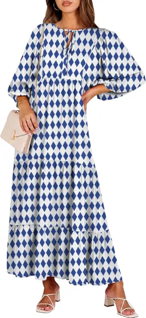 ANRABESS Womens Boho Maxi Dresses 2025 Summer V Neck Puff Sleeve Floral Flowy Swing Casual Long Dress