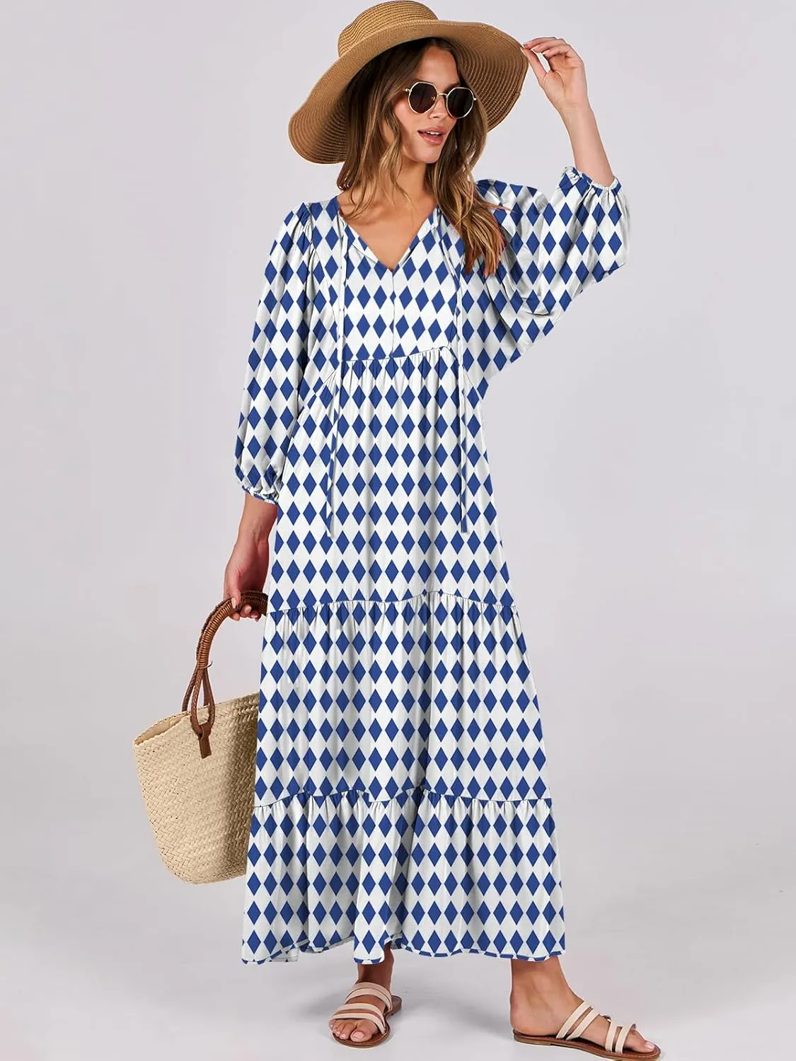 ANRABESS Womens Boho Maxi Dresses 2025 Summer V Neck Puff Sleeve Floral Flowy Swing Casual Long Dress