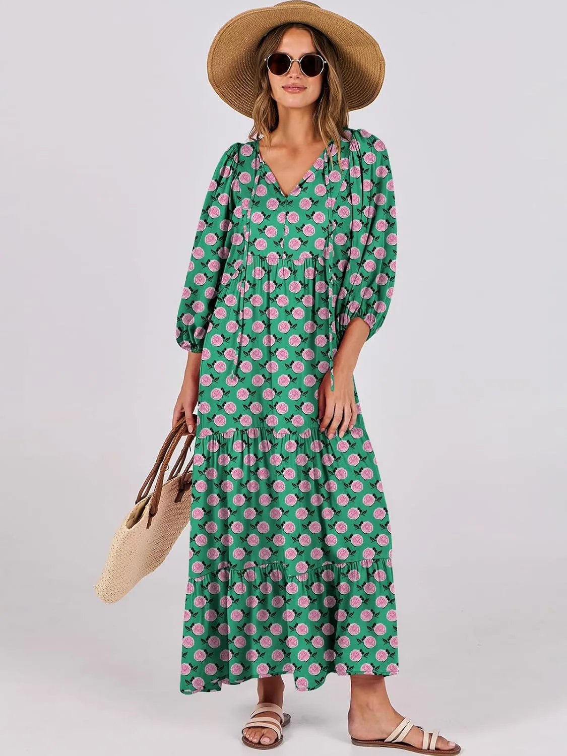 ANRABESS Womens Boho Maxi Dresses 2025 Summer V Neck Puff Sleeve Floral Flowy Swing Casual Long Dress