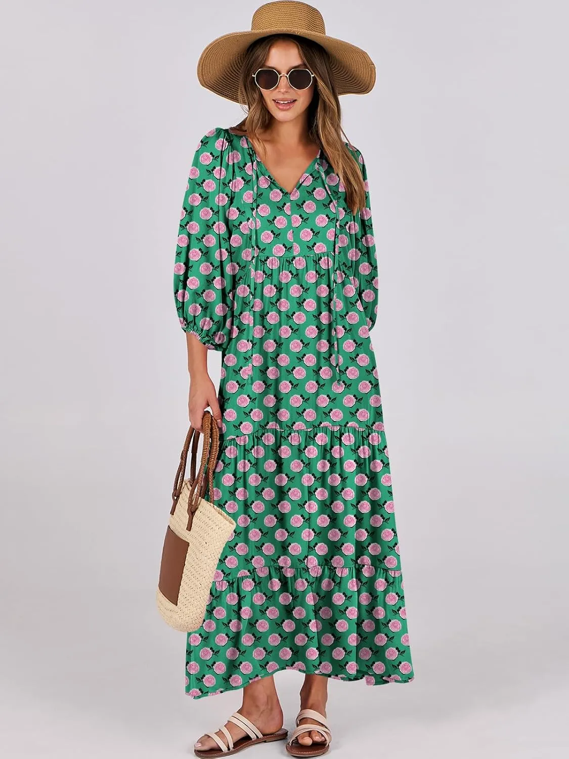 ANRABESS Womens Boho Maxi Dresses 2025 Summer V Neck Puff Sleeve Floral Flowy Swing Casual Long Dress