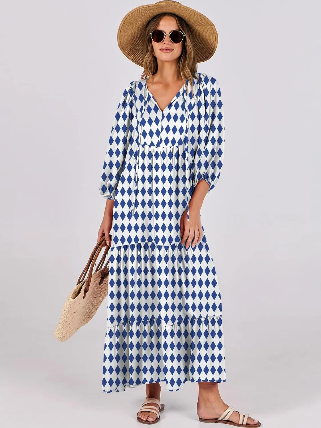 ANRABESS Womens Boho Maxi Dresses 2025 Summer V Neck Puff Sleeve Floral Flowy Swing Casual Long Dress