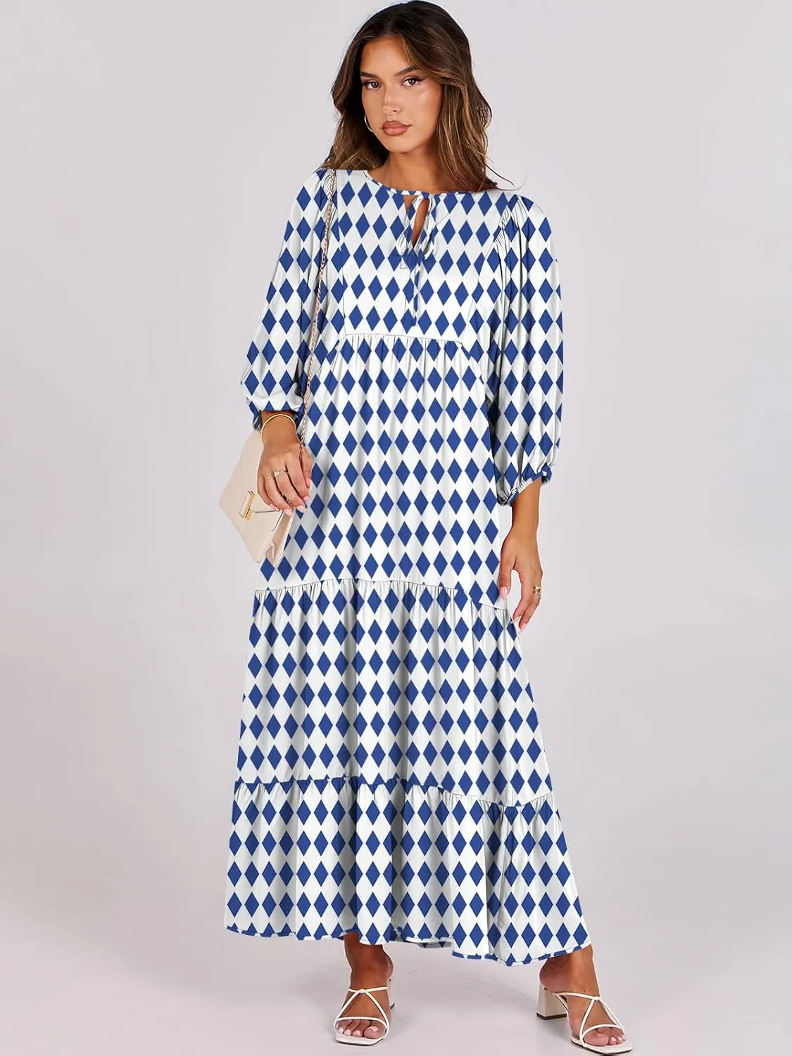 ANRABESS Womens Boho Maxi Dresses 2025 Summer V Neck Puff Sleeve Floral Flowy Swing Casual Long Dress