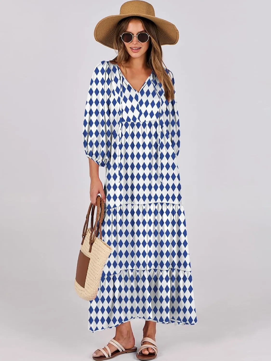 ANRABESS Womens Boho Maxi Dresses 2025 Summer V Neck Puff Sleeve Floral Flowy Swing Casual Long Dress