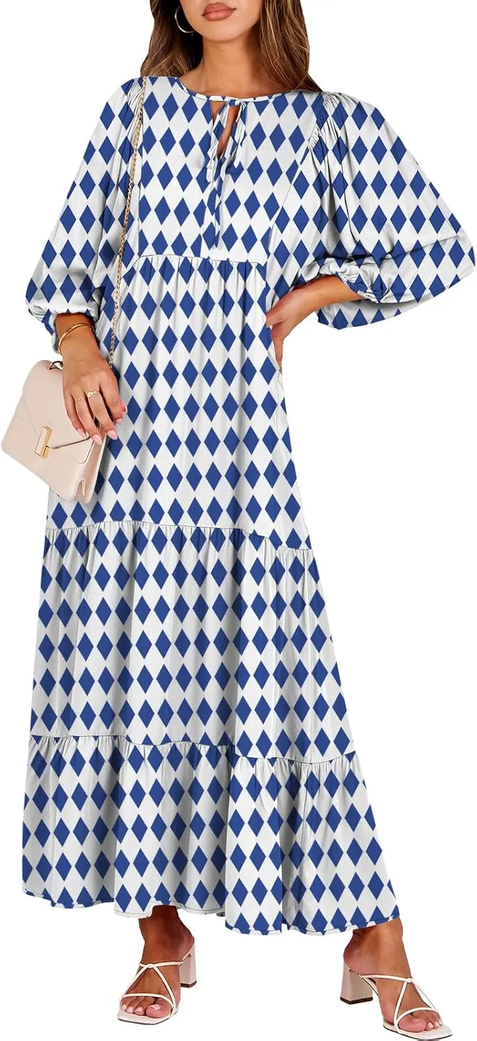 ANRABESS Womens Boho Maxi Dresses 2025 Summer V Neck Puff Sleeve Floral Flowy Swing Casual Long Dress