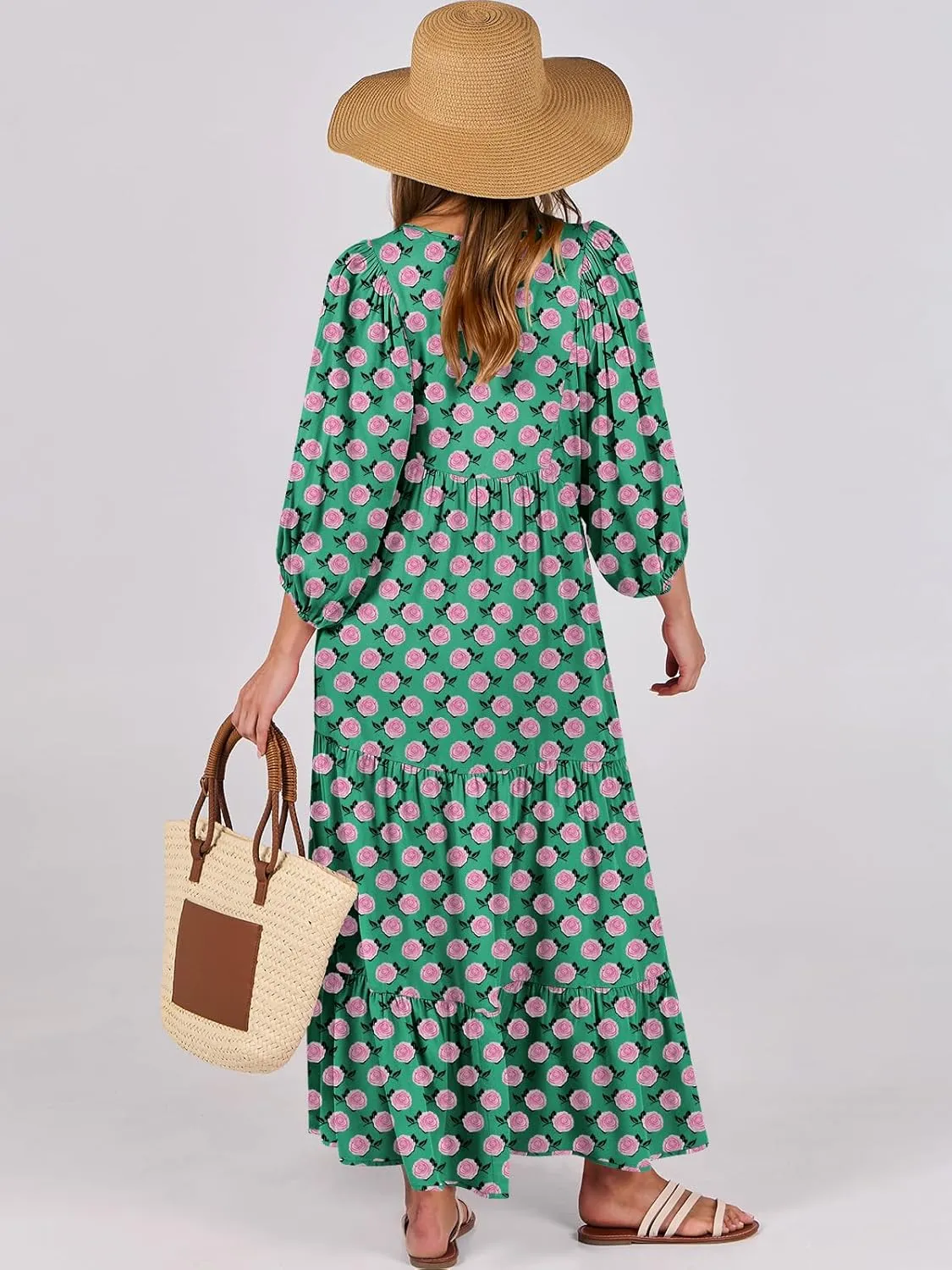 ANRABESS Womens Boho Maxi Dresses 2025 Summer V Neck Puff Sleeve Floral Flowy Swing Casual Long Dress