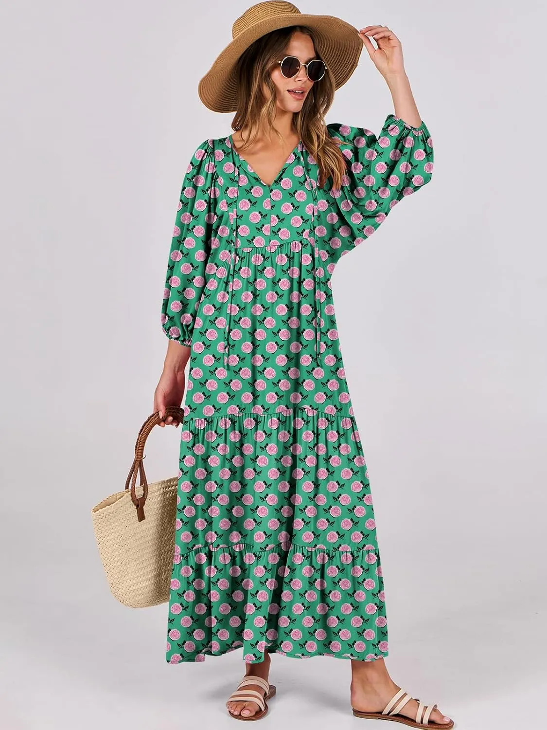ANRABESS Womens Boho Maxi Dresses 2025 Summer V Neck Puff Sleeve Floral Flowy Swing Casual Long Dress