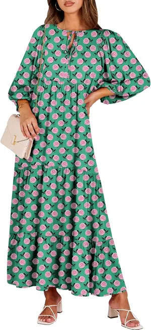 ANRABESS Womens Boho Maxi Dresses 2025 Summer V Neck Puff Sleeve Floral Flowy Swing Casual Long Dress