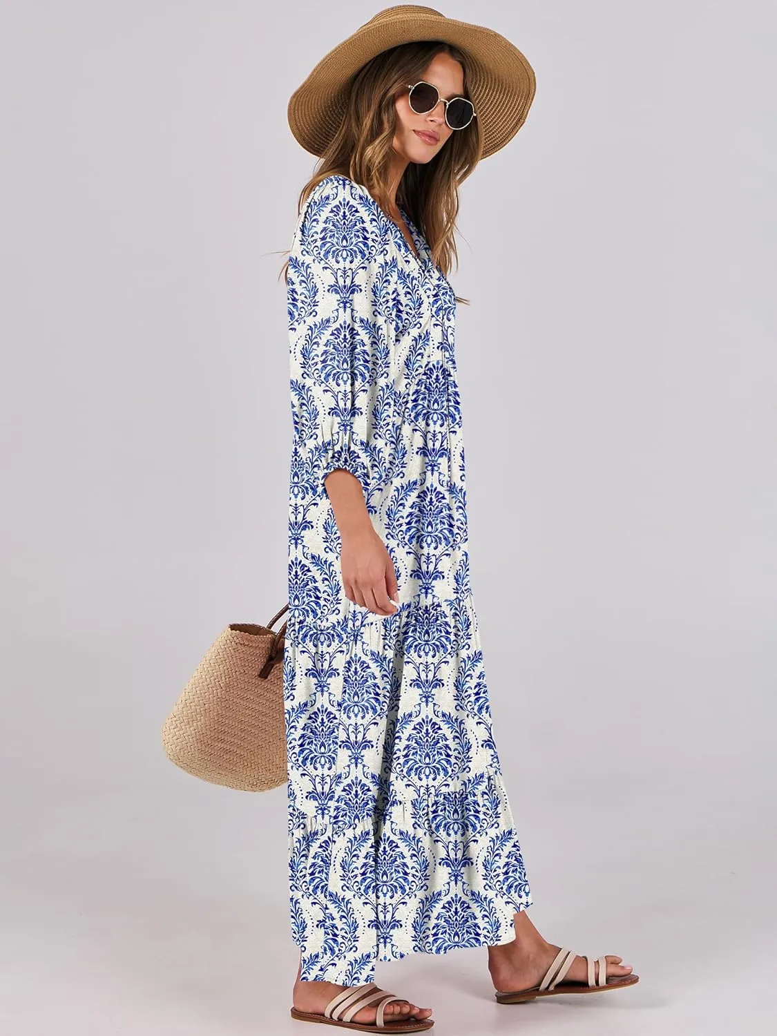 ANRABESS Womens Boho Maxi Dresses 2025 Summer V Neck Puff Sleeve Floral Flowy Swing Casual Long Dress
