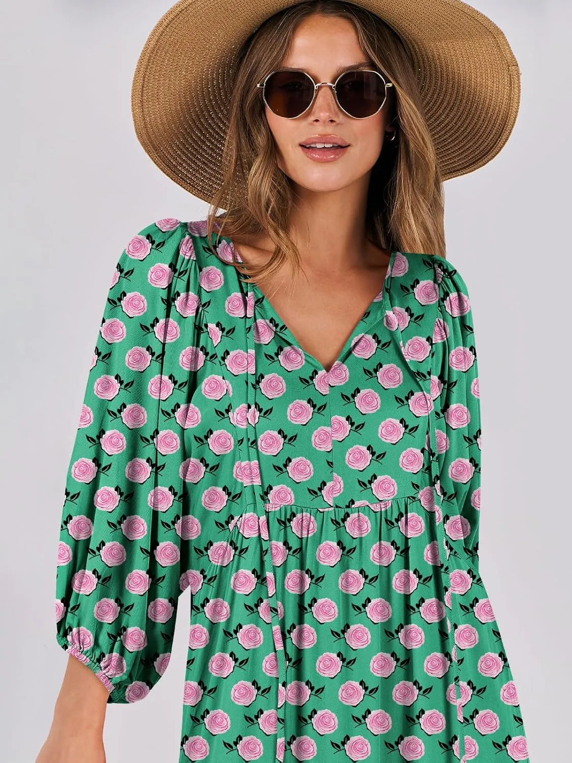 ANRABESS Womens Boho Maxi Dresses 2025 Summer V Neck Puff Sleeve Floral Flowy Swing Casual Long Dress
