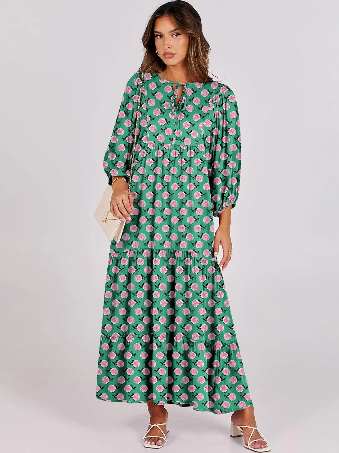 ANRABESS Womens Boho Maxi Dresses 2025 Summer V Neck Puff Sleeve Floral Flowy Swing Casual Long Dress