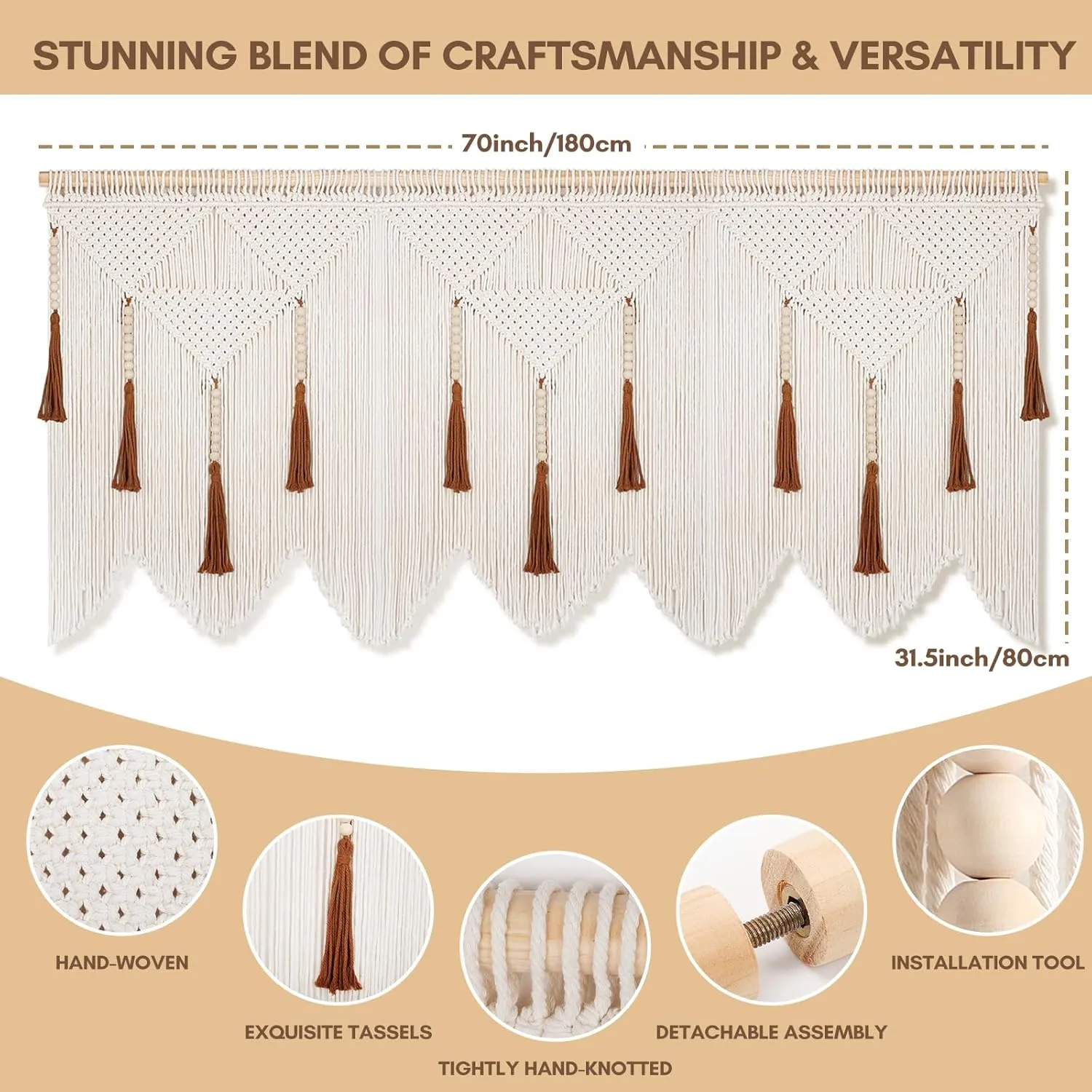 ANROYE Large Macrame Wall Hanging, Boho Woven Tapastry with Wood Bead Tassel, Above Bed Minimalist Decor for Bedroom, Bohemian Art Decoration for Living Room Apartment Home