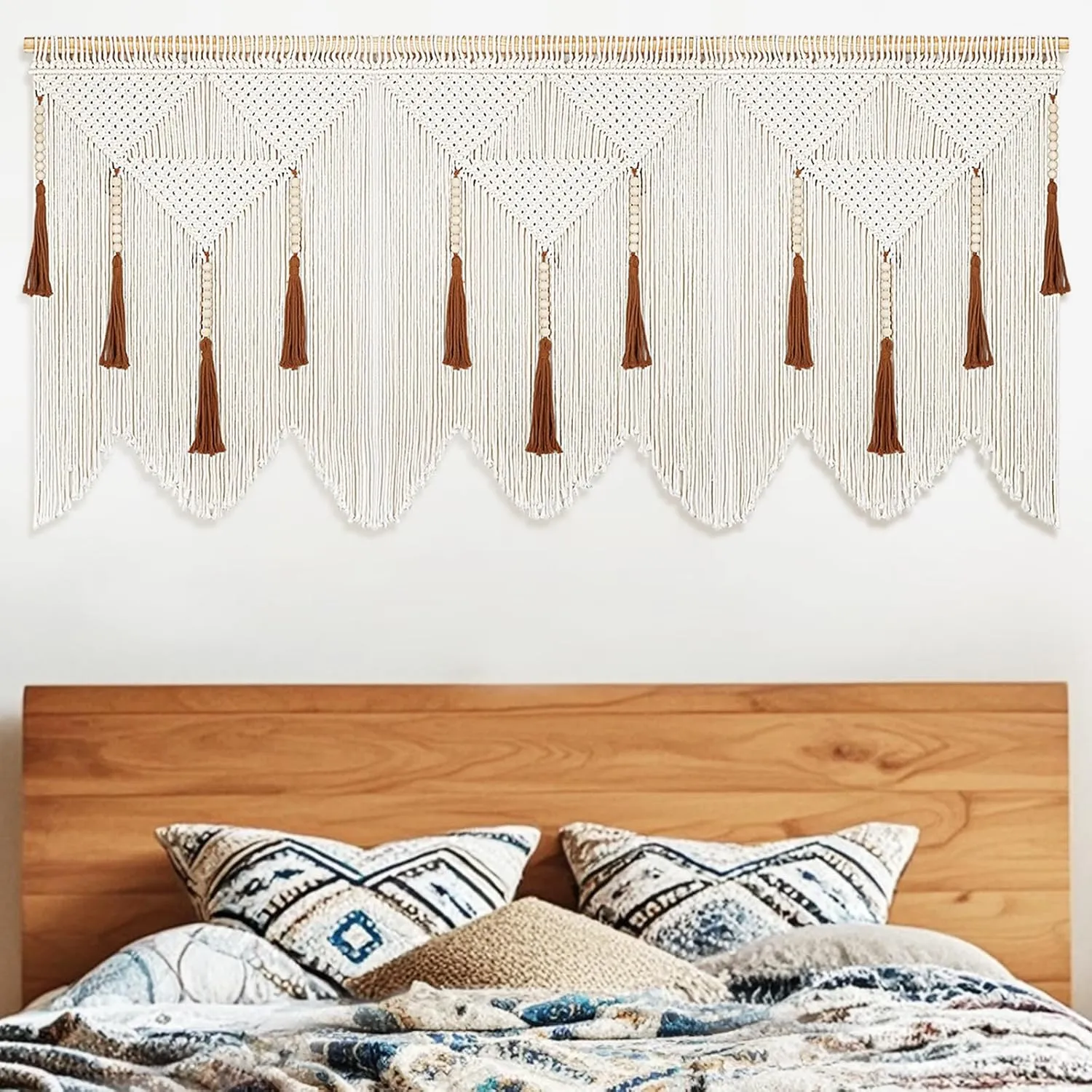 ANROYE Large Macrame Wall Hanging, Boho Woven Tapastry with Wood Bead Tassel, Above Bed Minimalist Decor for Bedroom, Bohemian Art Decoration for Living Room Apartment Home