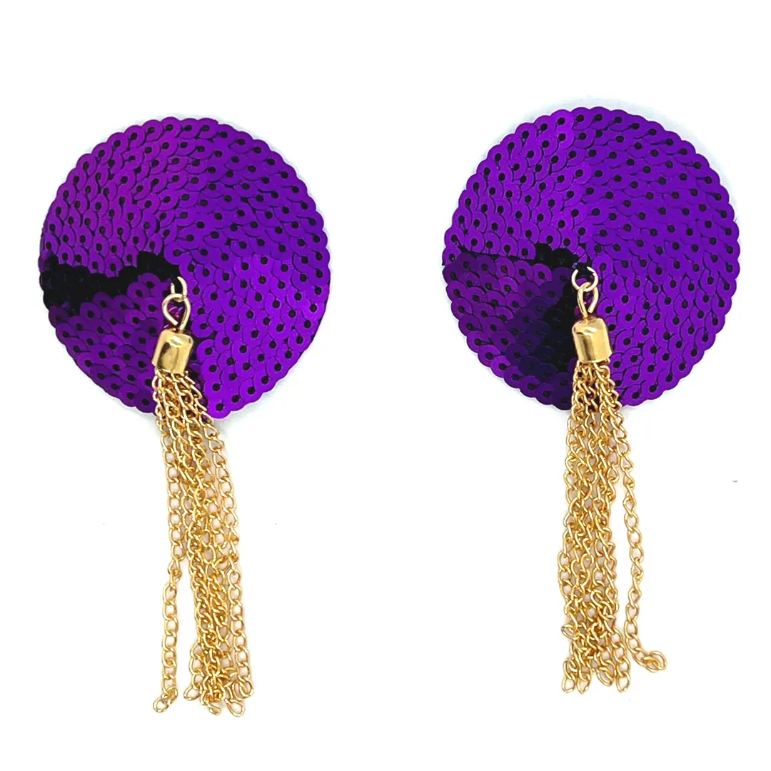 Appeeling ATHENA Purple Sequin with Gold Tassels Nipple Pasty, Cover for Lingerie Festivals Carnival Burlesque Rave