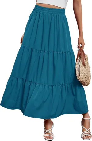Arolina Maxi Skirt for Women Summer Boho Elastic High Waist Pleated A-Line Flowy Ruffle Swing Tiered Long Beach Skirt Dress