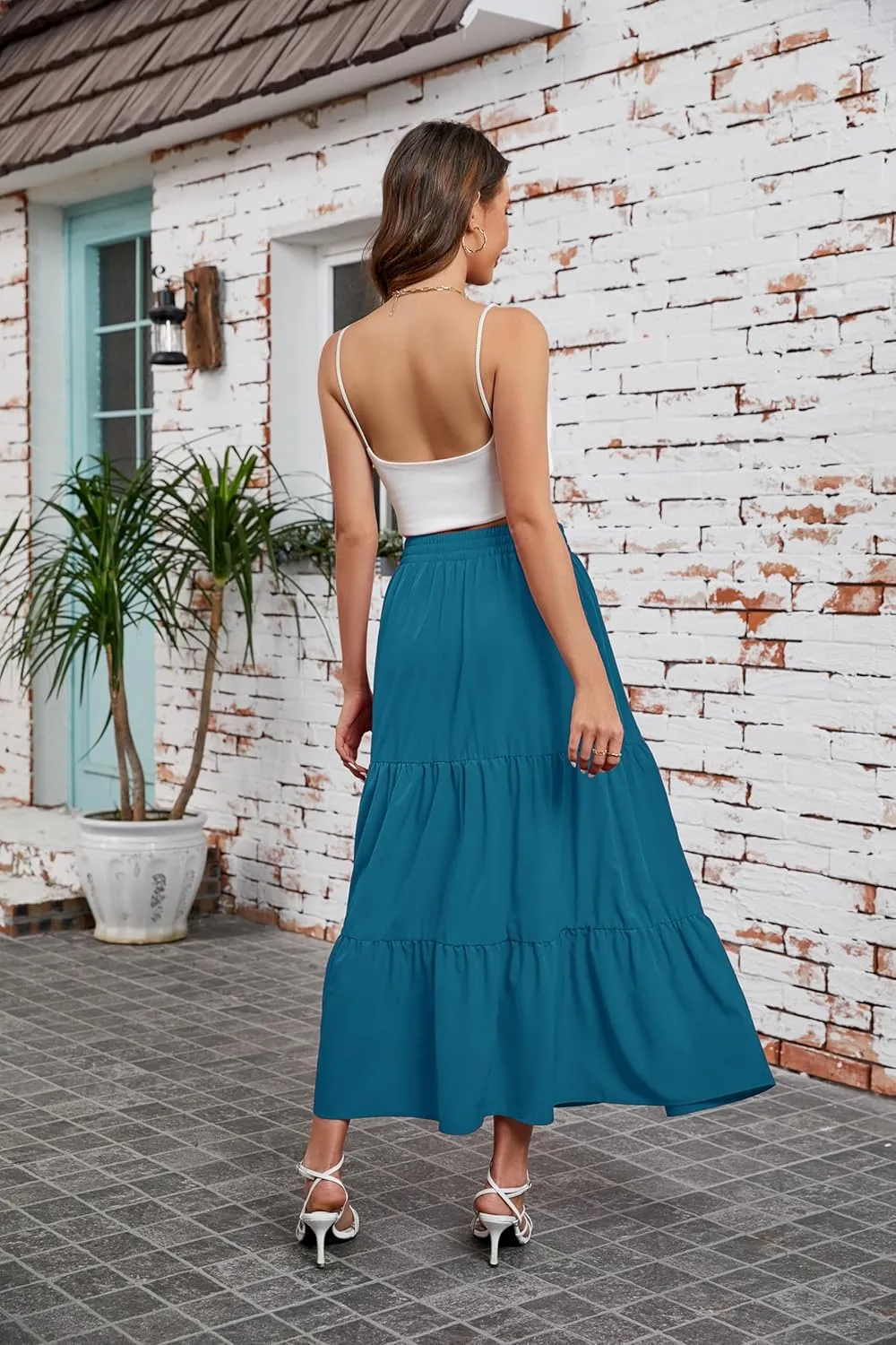 Arolina Maxi Skirt for Women Summer Boho Elastic High Waist Pleated A-Line Flowy Ruffle Swing Tiered Long Beach Skirt Dress