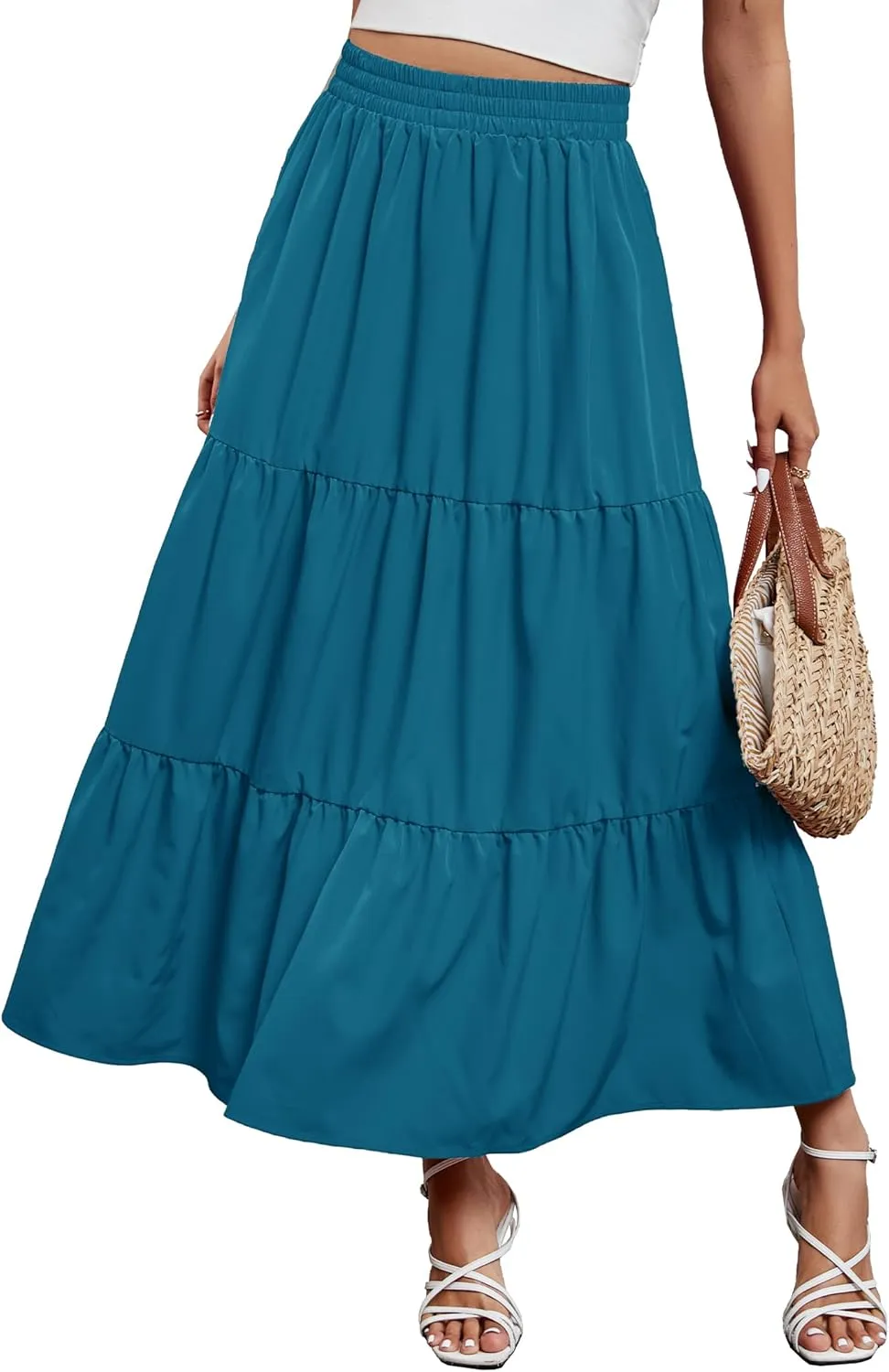 Arolina Maxi Skirt for Women Summer Boho Elastic High Waist Pleated A-Line Flowy Ruffle Swing Tiered Long Beach Skirt Dress