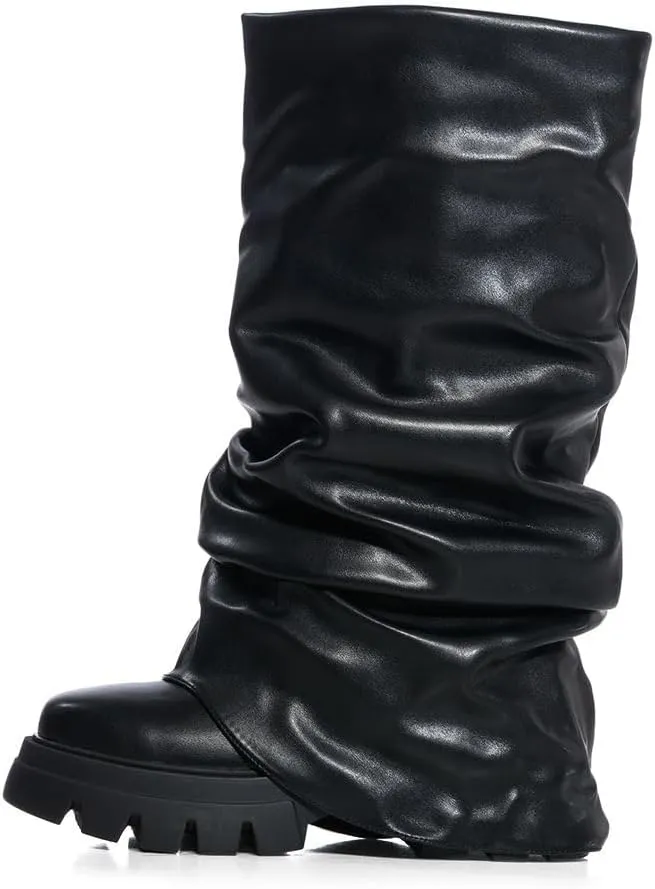Arqa Fold Over Boots For Women Lug Sole Mid Calf Boot Slouched Ruched Platform Riding Booties Summer Party Shoes