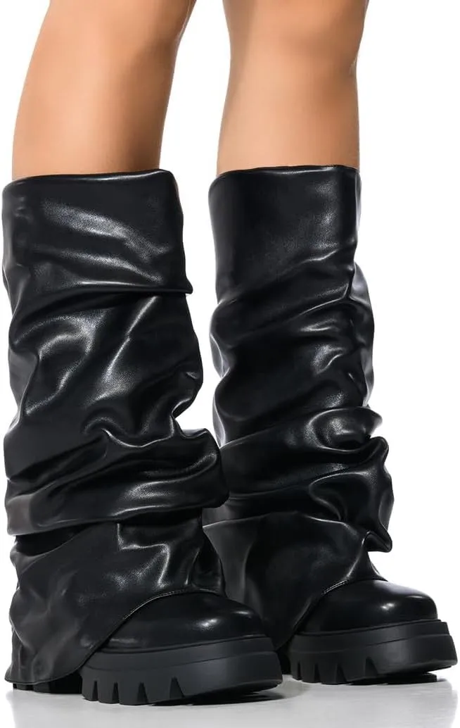 Arqa Fold Over Boots For Women Lug Sole Mid Calf Boot Slouched Ruched Platform Riding Booties Summer Party Shoes