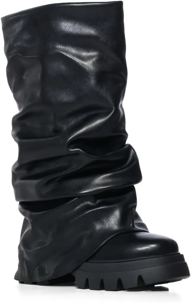 Arqa Fold Over Boots For Women Lug Sole Mid Calf Boot Slouched Ruched Platform Riding Booties Summer Party Shoes