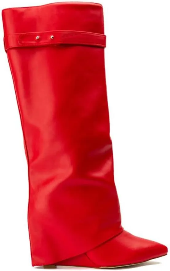 Arqa Fold Over Wedge Boots for Women Faux Crocodile Pattern Knee High Boot with Rivet Buckle Wide Calf Fall Shoes