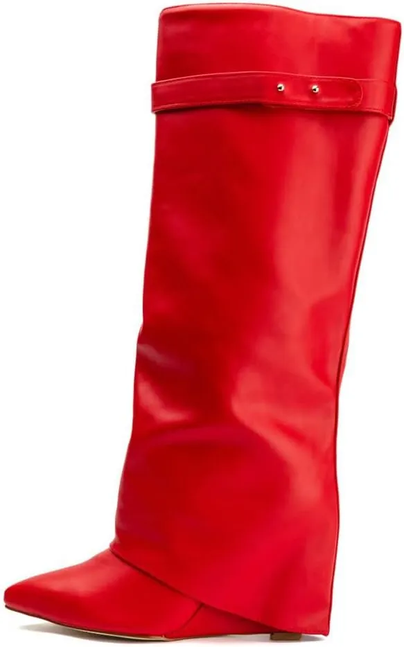 Arqa Fold Over Wedge Boots for Women Faux Crocodile Pattern Knee High Boot with Rivet Buckle Wide Calf Fall Shoes