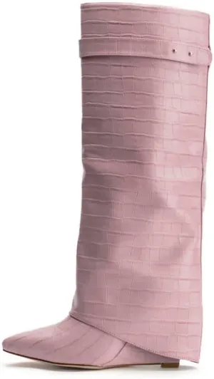 Arqa Fold Over Wedge Boots for Women Faux Crocodile Pattern Knee High Boot with Rivet Buckle Wide Calf Fall Shoes