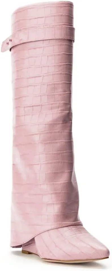 Arqa Fold Over Wedge Boots for Women Faux Crocodile Pattern Knee High Boot with Rivet Buckle Wide Calf Fall Shoes