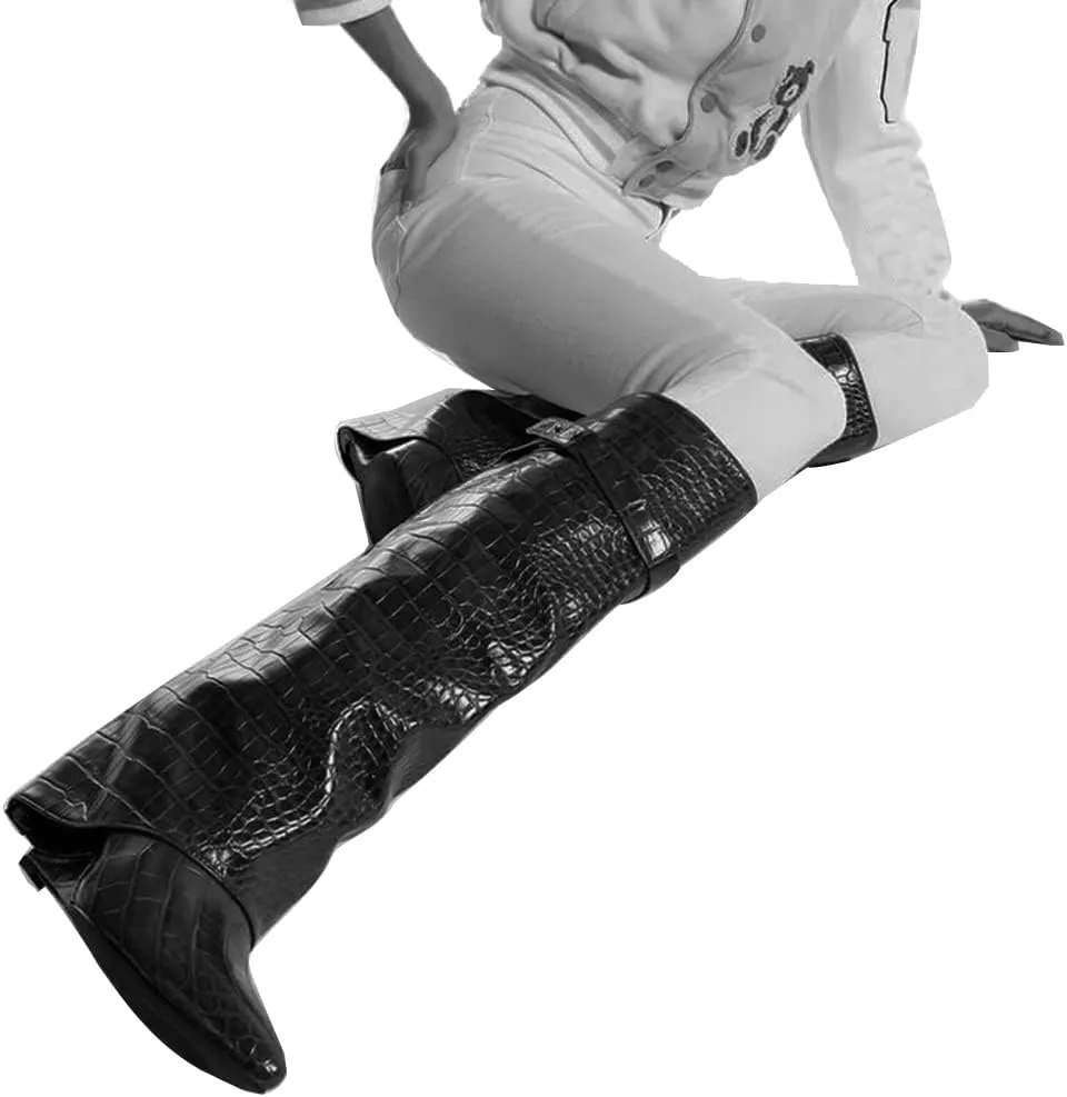 Arqa Fold Over Wedge Boots for Women Faux Crocodile Pattern Knee High Boot with Rivet Buckle Wide Calf Fall Shoes