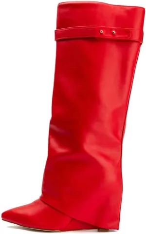 Arqa Fold Over Wedge Boots for Women Faux Crocodile Pattern Knee High Boot with Rivet Buckle Wide Calf Fall Shoes