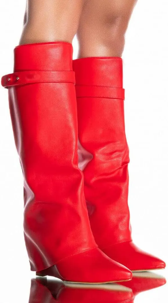 Arqa Fold Over Wedge Boots for Women Faux Crocodile Pattern Knee High Boot with Rivet Buckle Wide Calf Fall Shoes