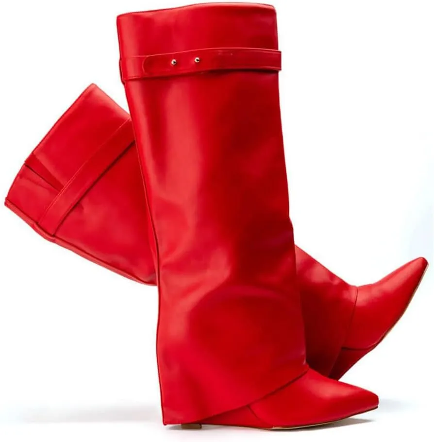 Arqa Fold Over Wedge Boots for Women Faux Crocodile Pattern Knee High Boot with Rivet Buckle Wide Calf Fall Shoes