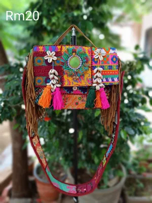 Assorted banjara embroidery patch work handmade MULTICOLOR fringe sling bag