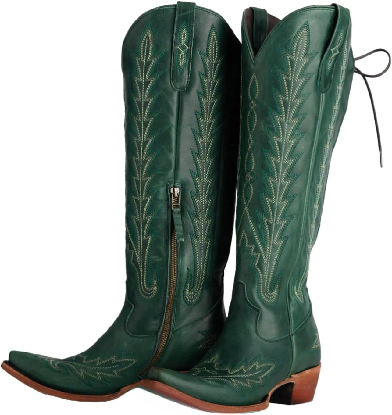 Atuelang Western Cowboy Boots for Women Knee High Wide Calf Lace Up Embroidered Cowgirl Boots