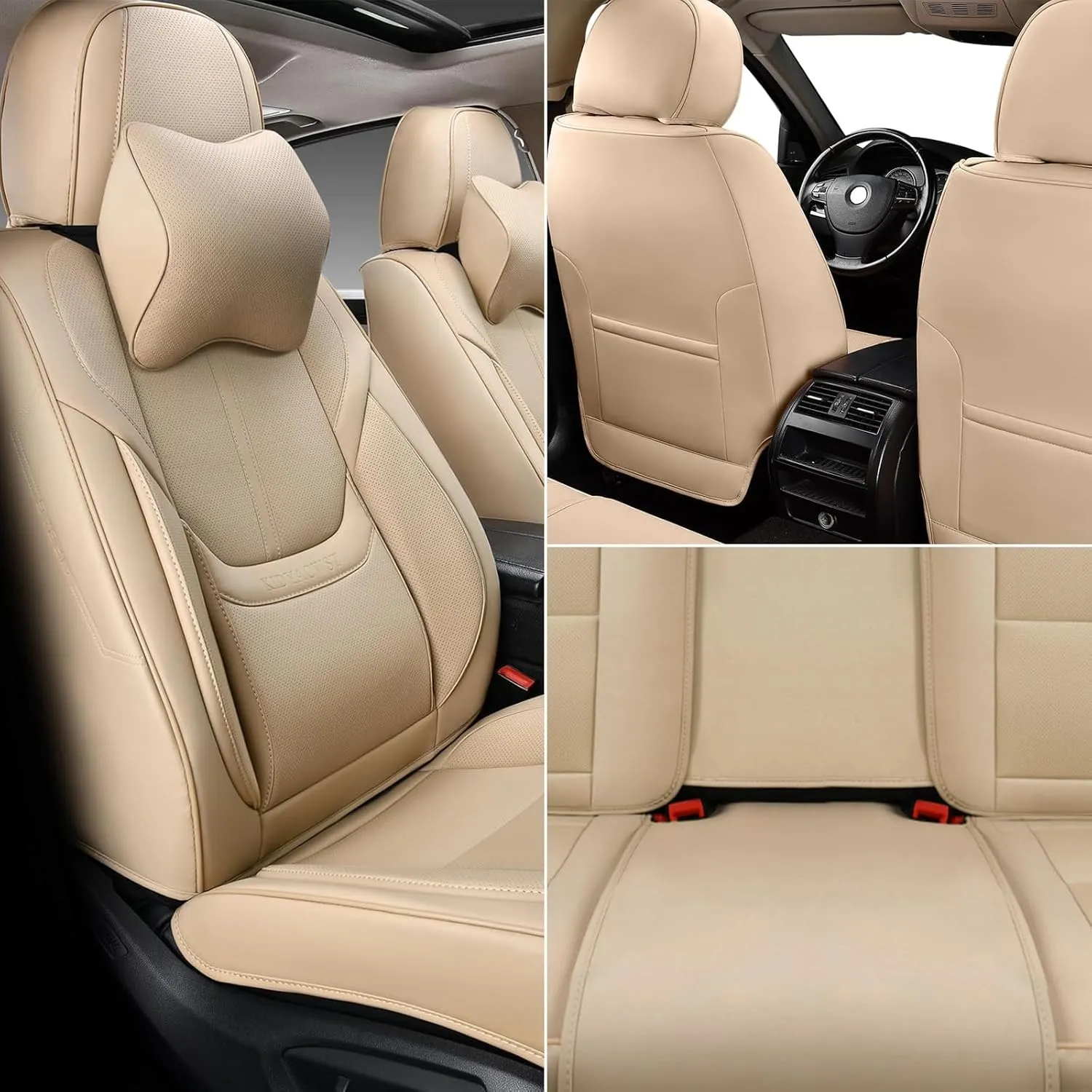 Auto Car Seat Covers Accessories Front Seat Leather Cushion Protector Breathable Waterproof Seat Cover for Cars Universal Fit (Beige, Front Pair)
