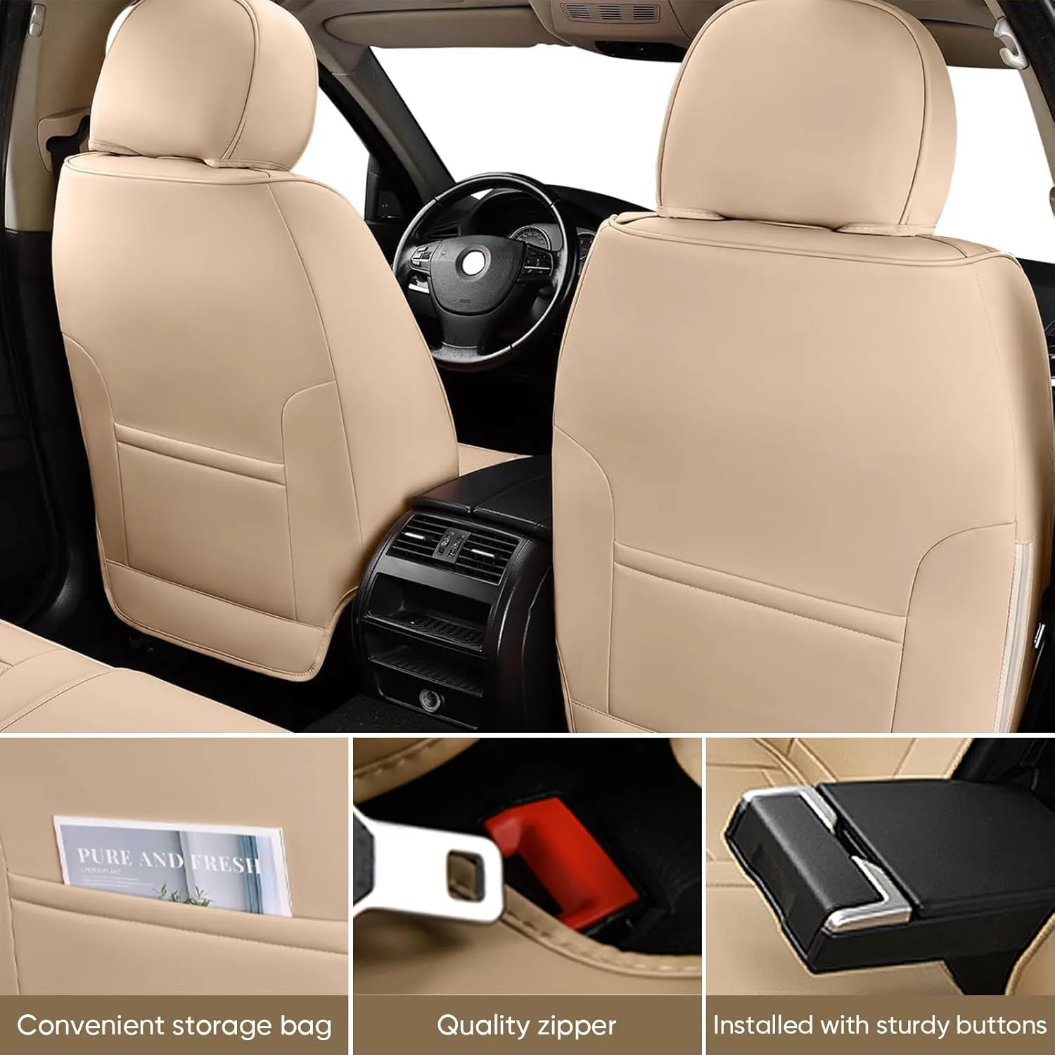 Auto Car Seat Covers Accessories Front Seat Leather Cushion Protector Breathable Waterproof Seat Cover for Cars Universal Fit (Beige, Front Pair)