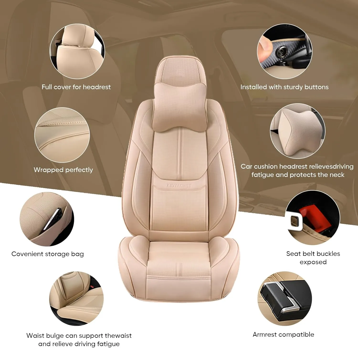 Auto Car Seat Covers Accessories Front Seat Leather Cushion Protector Breathable Waterproof Seat Cover for Cars Universal Fit (Beige, Front Pair)