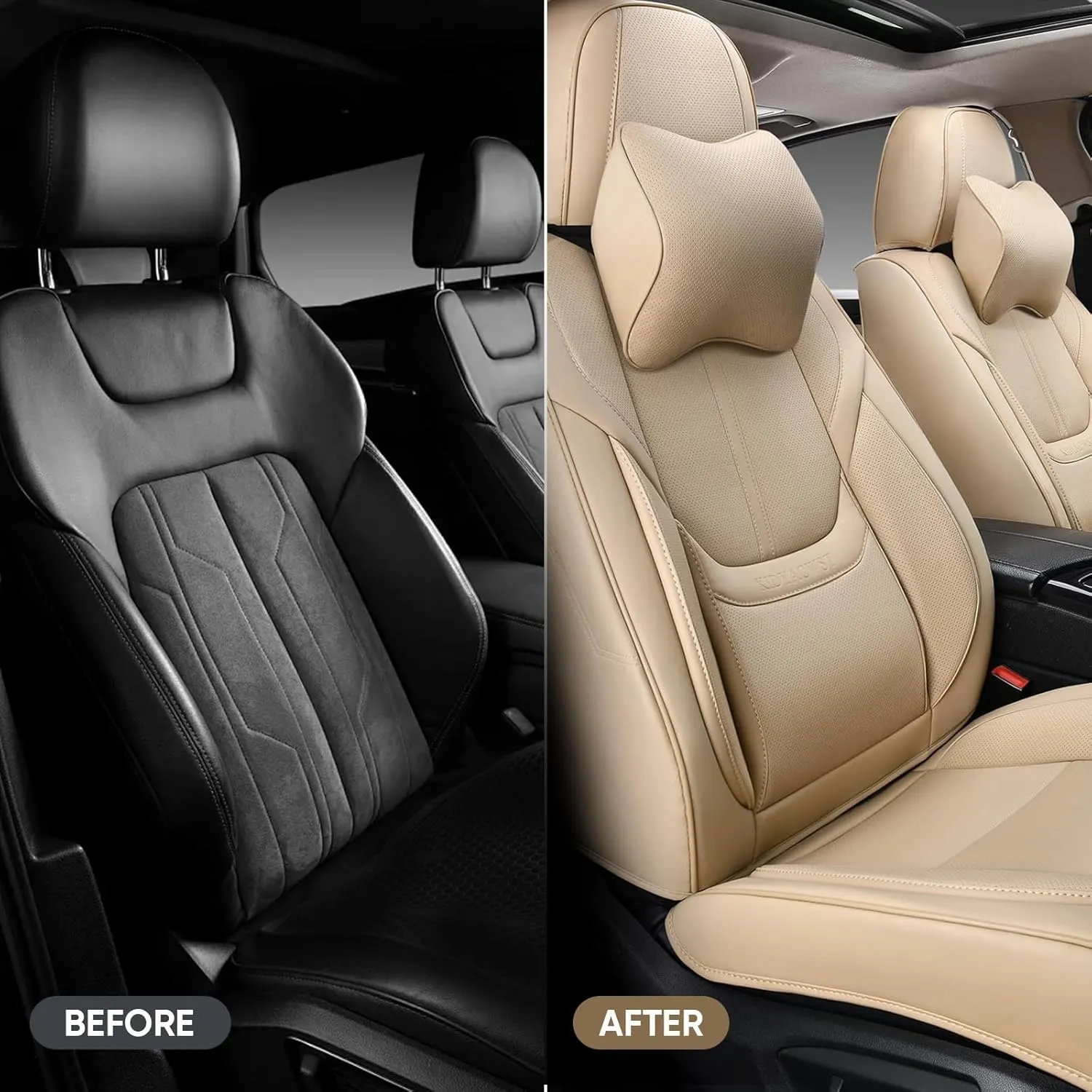 Auto Car Seat Covers Accessories Front Seat Leather Cushion Protector Breathable Waterproof Seat Cover for Cars Universal Fit (Beige, Front Pair)