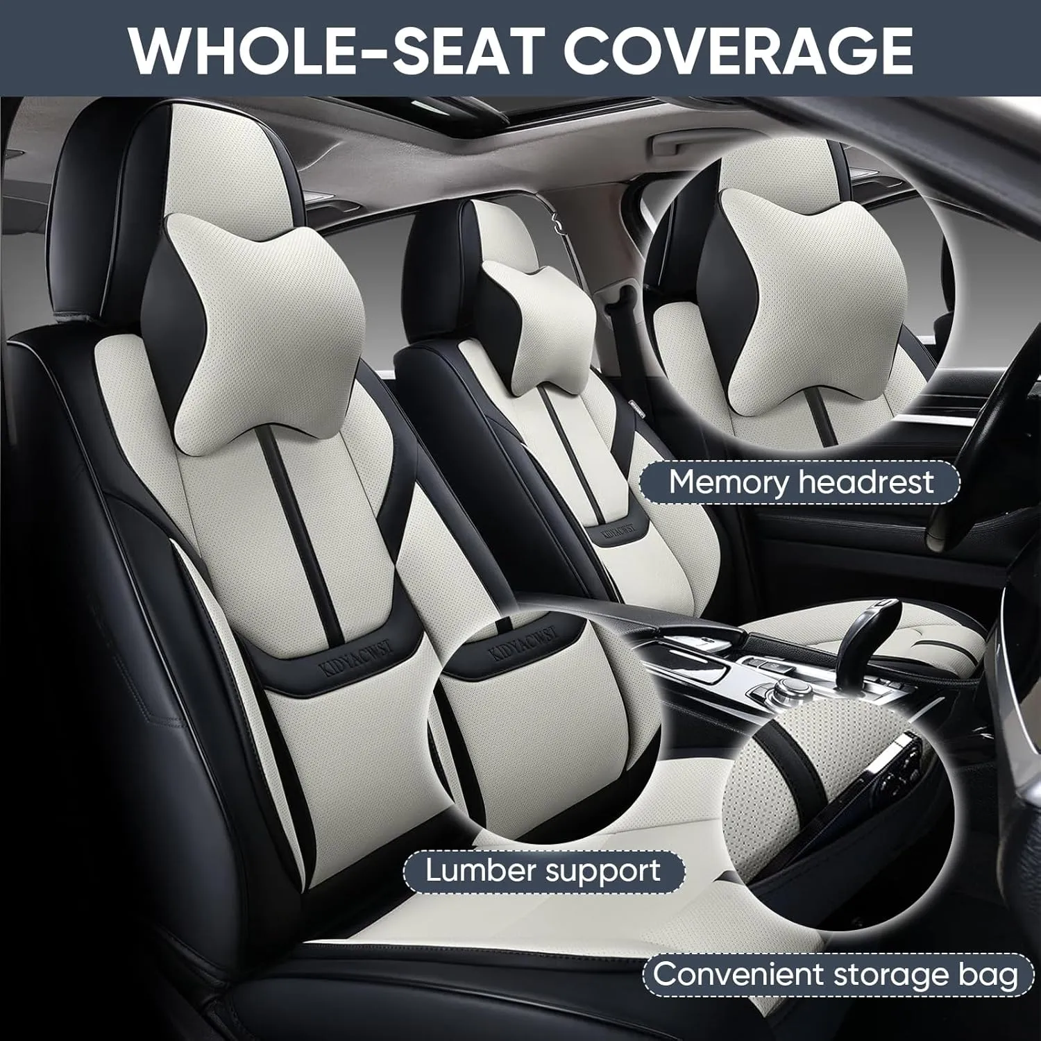 Auto Car Seat Covers Accessories Front Seat Leather Cushion Protector Breathable Waterproof Seat Cover for Cars Universal Fit (Black&White, Front Pair)
