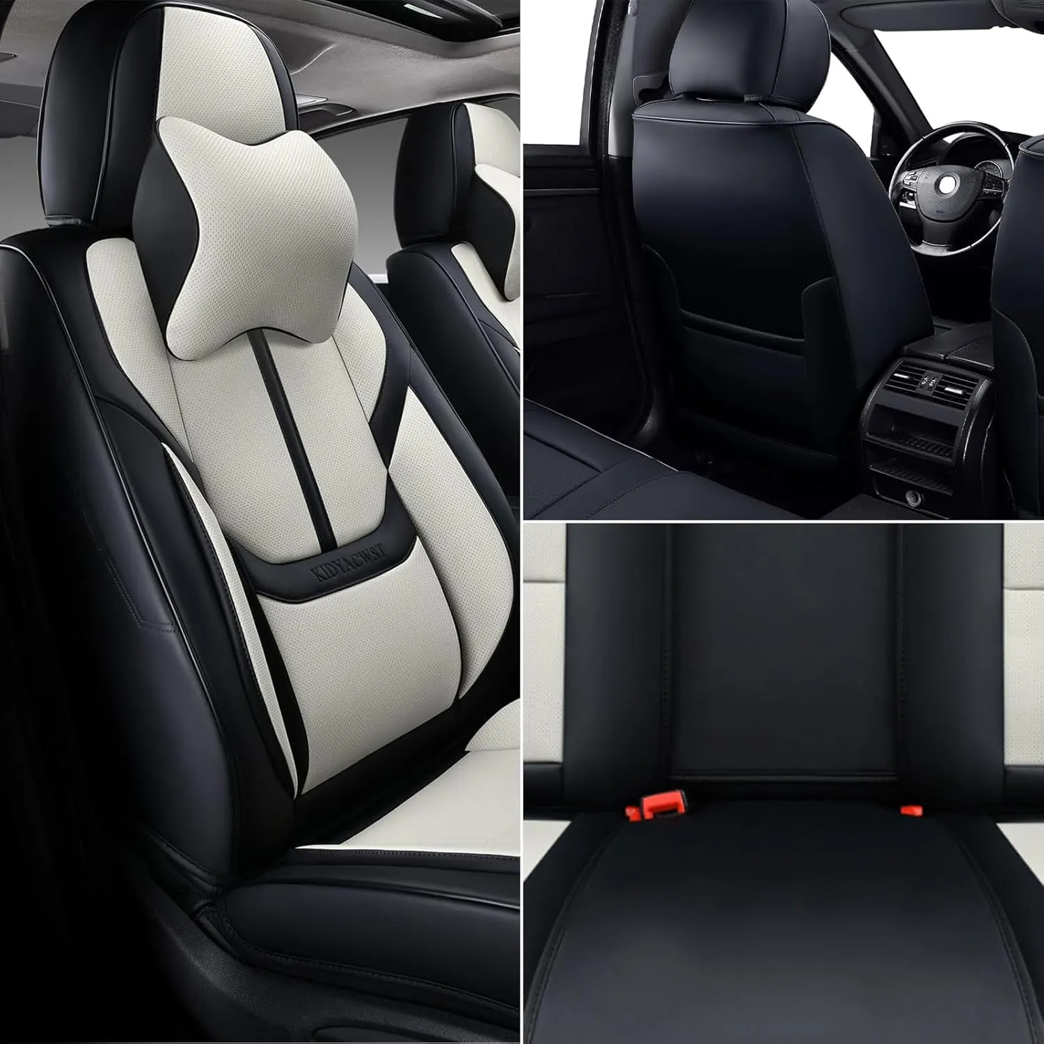Auto Car Seat Covers Accessories Front Seat Leather Cushion Protector Breathable Waterproof Seat Cover for Cars Universal Fit (Black&White, Front Pair)