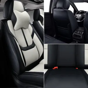 Auto Car Seat Covers Accessories Front Seat Leather Cushion Protector Breathable Waterproof Seat Cover for Cars Universal Fit (Black&White, Front Pair)