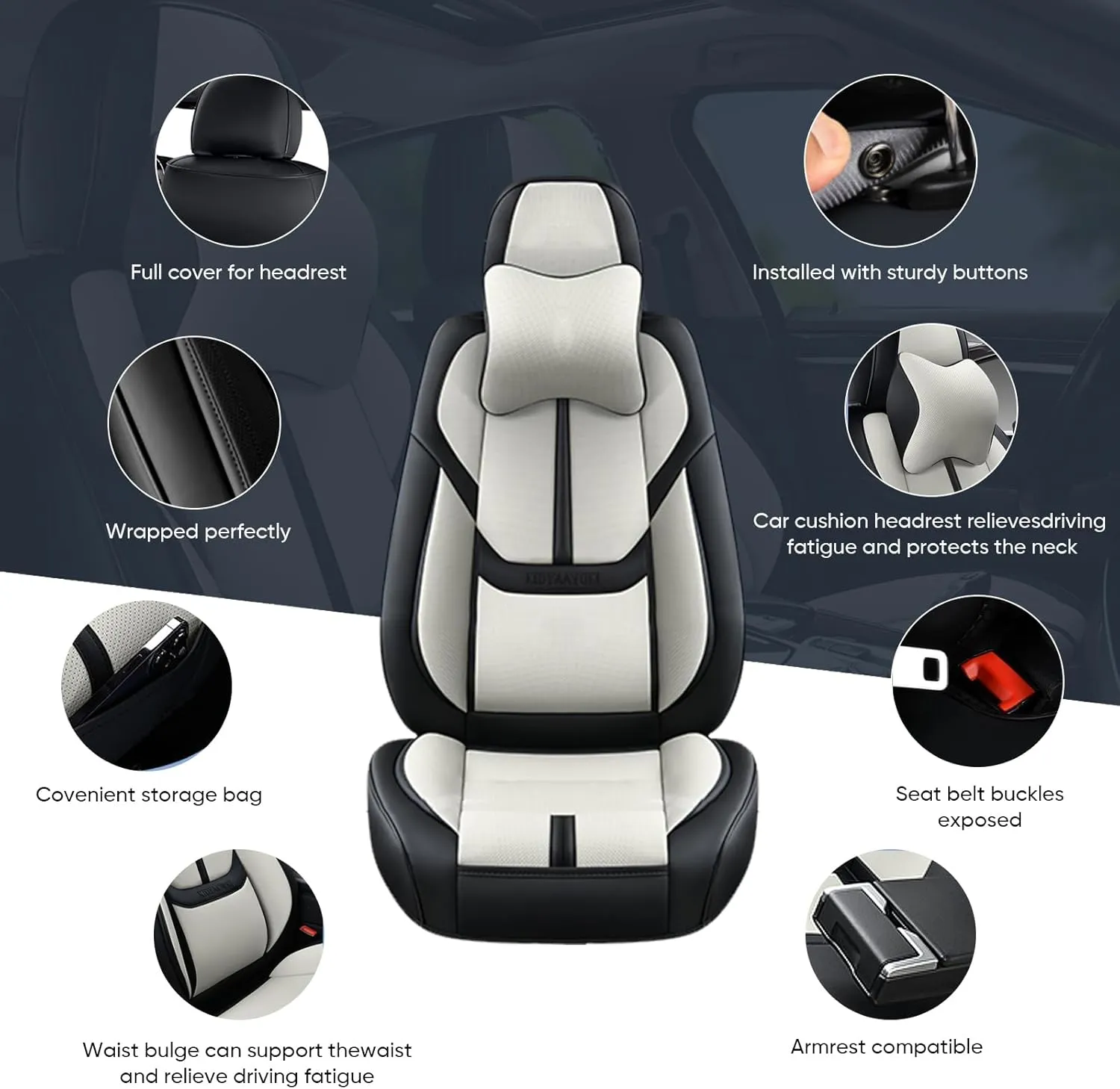 Auto Car Seat Covers Accessories Front Seat Leather Cushion Protector Breathable Waterproof Seat Cover for Cars Universal Fit (Black&White, Front Pair)