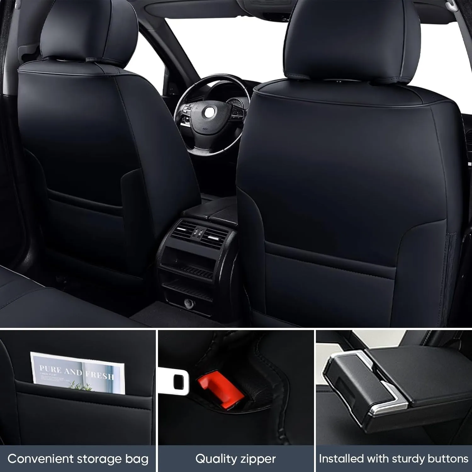 Auto Car Seat Covers Accessories Front Seat Leather Cushion Protector Breathable Waterproof Seat Cover for Cars Universal Fit (Black&White, Front Pair)
