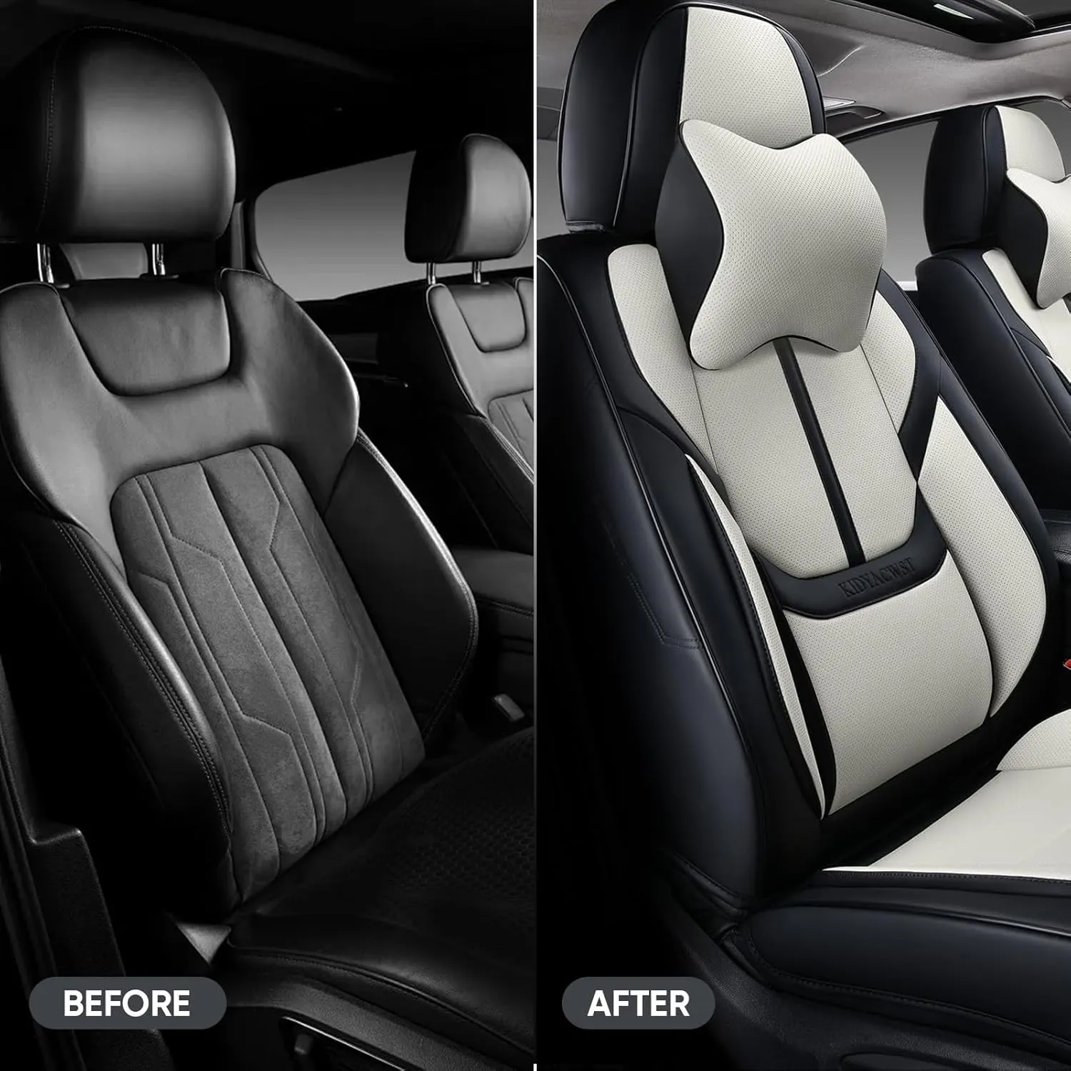 Auto Car Seat Covers Accessories Front Seat Leather Cushion Protector Breathable Waterproof Seat Cover for Cars Universal Fit (Black&White, Front Pair)