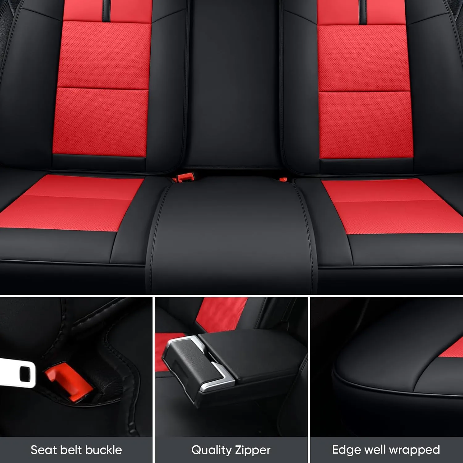 Auto Car Seat Covers Accessories Full Set Leather Cushion Protector Breathable Waterproof Seat Cover for Cars Universal Fit (Black&Red, Full Set Without Headrest)