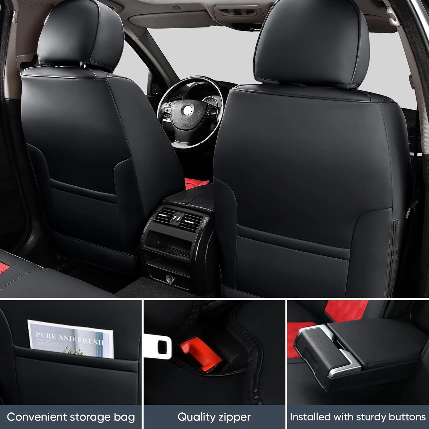 Auto Car Seat Covers Accessories Full Set Leather Cushion Protector Breathable Waterproof Seat Cover for Cars Universal Fit (Black&Red, Full Set Without Headrest)