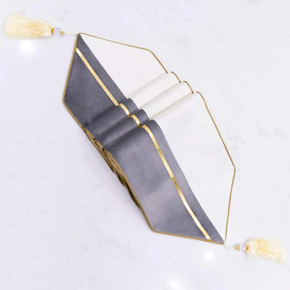 Avigers 12 x 59 Inch Decorative Luxury Grey White Gold Leather Striped Patchwork Velvet Table Runners with Tassels for Home Living Room Bedroom Art Decor Wedding