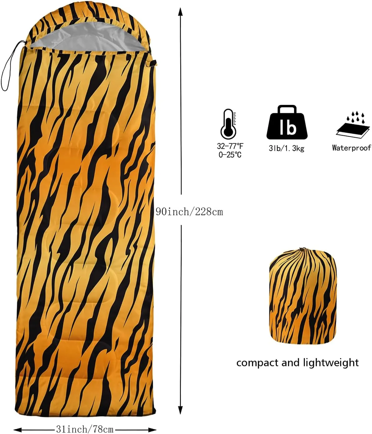 Axolotl Tiger Skin Sleeping Bag,3 Season Warm Cool Weather Waterproof Portable Camping Bag for Adults,Lightweight Backpacking Bag with Compression Sack for Camping Travelling Outdoor Picnic,Yellow