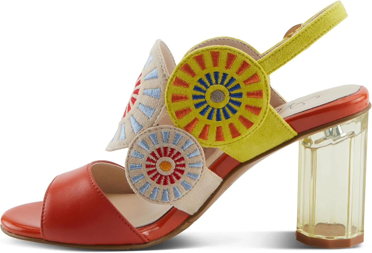 Azura Women's Embroidery Pumps & Heels - Geometric Design, Adjustable Ankle Strap, Transparent Cylindrical Heel