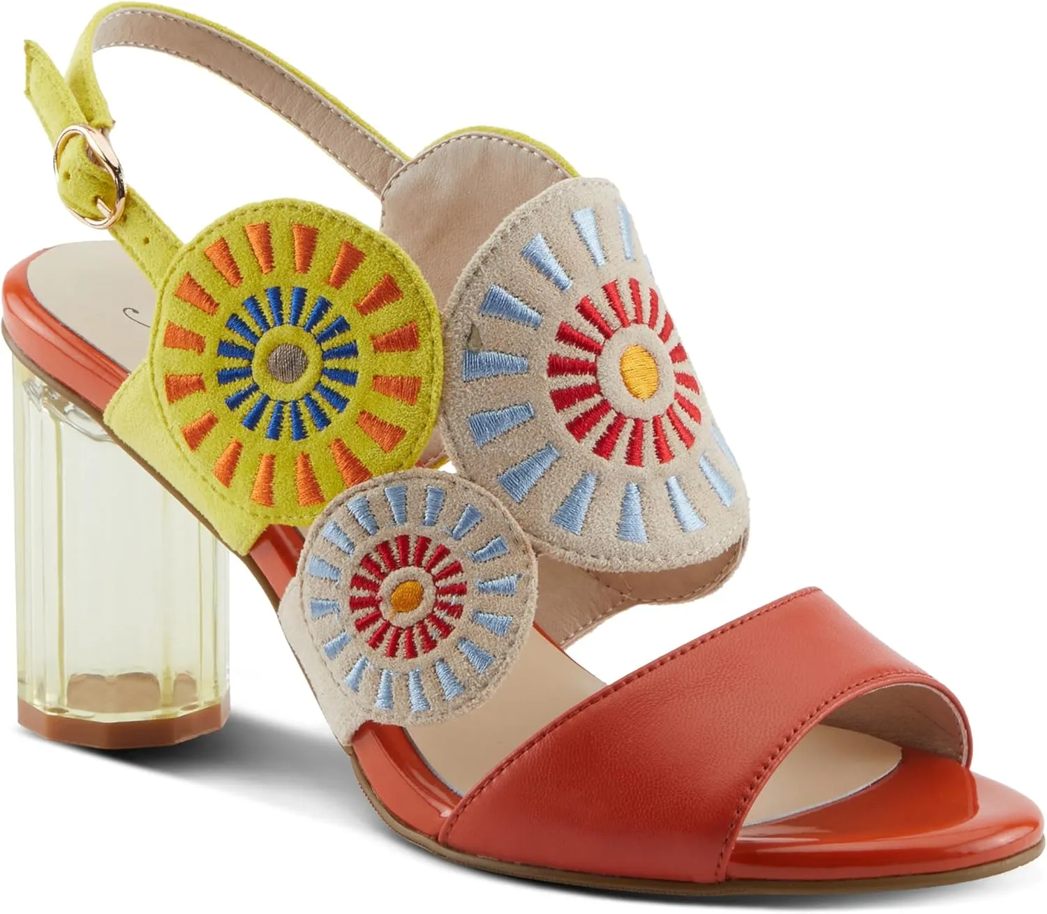 Azura Women's Embroidery Pumps & Heels - Geometric Design, Adjustable Ankle Strap, Transparent Cylindrical Heel