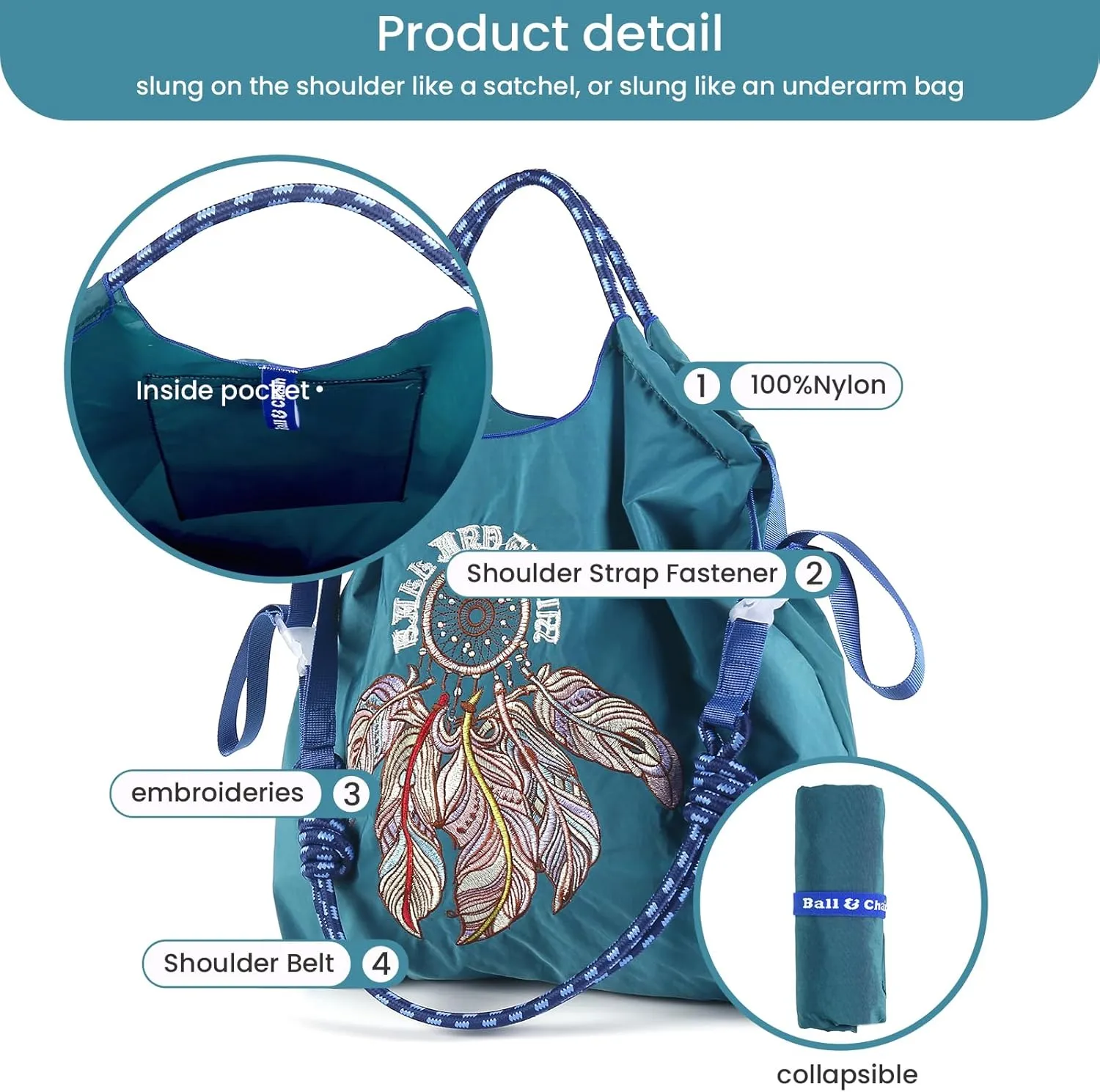 Ball&Chain Embroidery Initial Nylon Tote Bag,Personalized Present Suitable for Travel,Beach,is a Great Gift Women, Mom